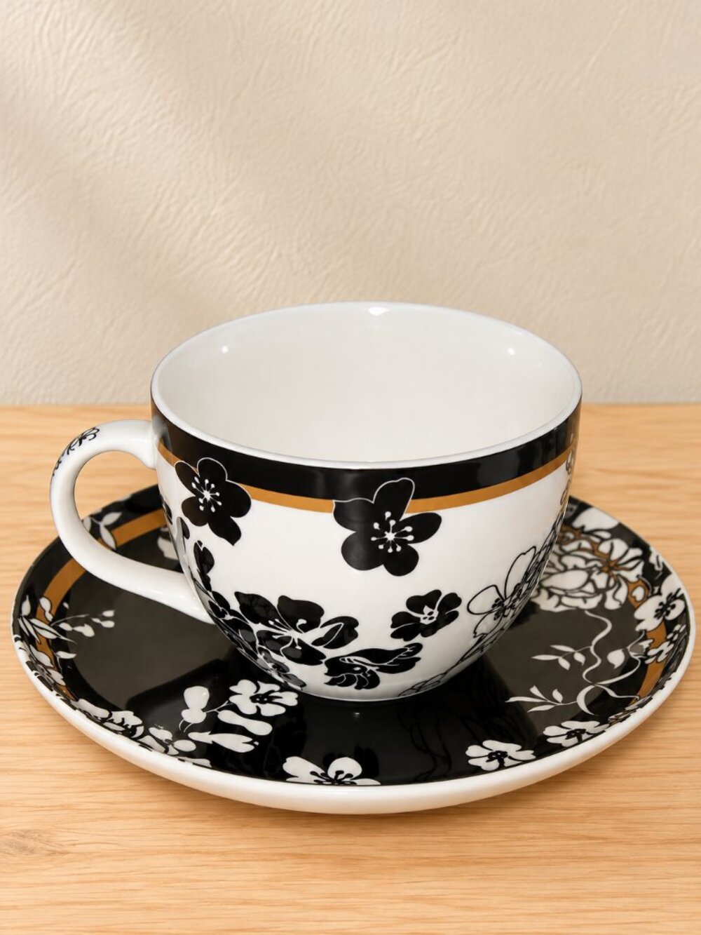 Victoria and Albert Museum V&A Tea Cup Saucer Black White Floral Fine China